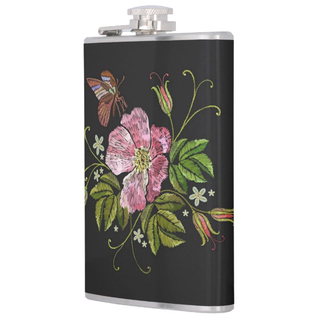 Petaca Elegante patrón de bordado floral fondo negro (Izquierda)