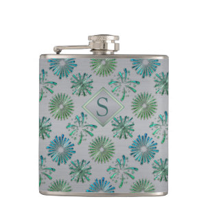 Petaca Elegante Patrón de Monograma Azul Verde Ornamentad