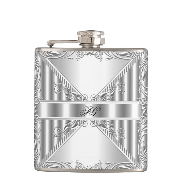 Petaca Elegante Plata Floral Metalizado Monograma Nombre (Anverso)