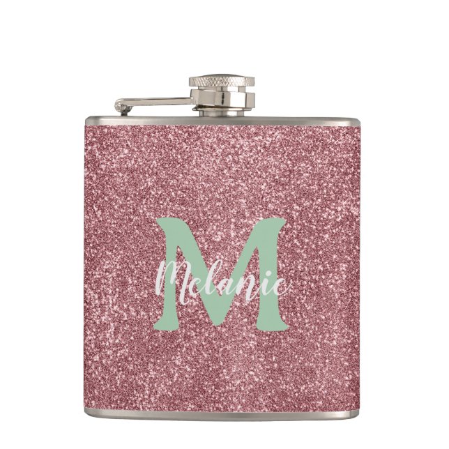 Petaca Elegante Purpurina rosado monogramado (Anverso)