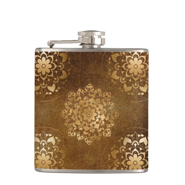 Petaca Elegante Relieve metalizado dorado y Mandala india (Anverso)