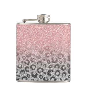 Petaca Elegante Rosa dorado y Purpurina plateado Leopardo