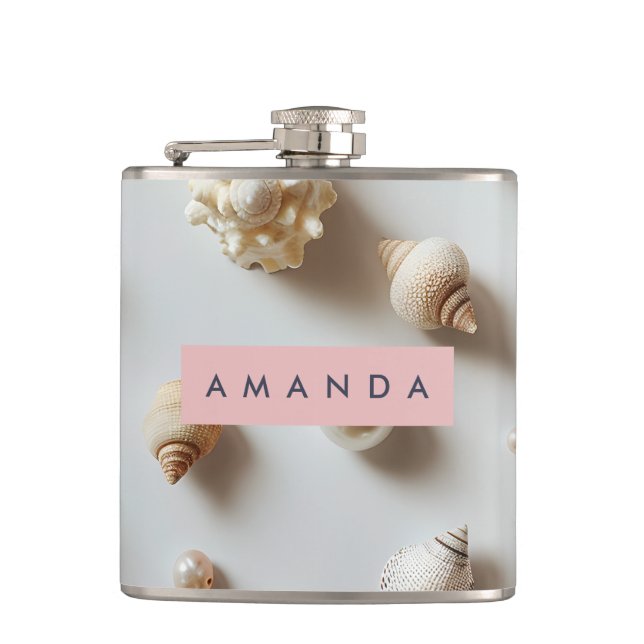 Petaca Elegantes Conchas y Perlas Pastel Personalizadas (Anverso)