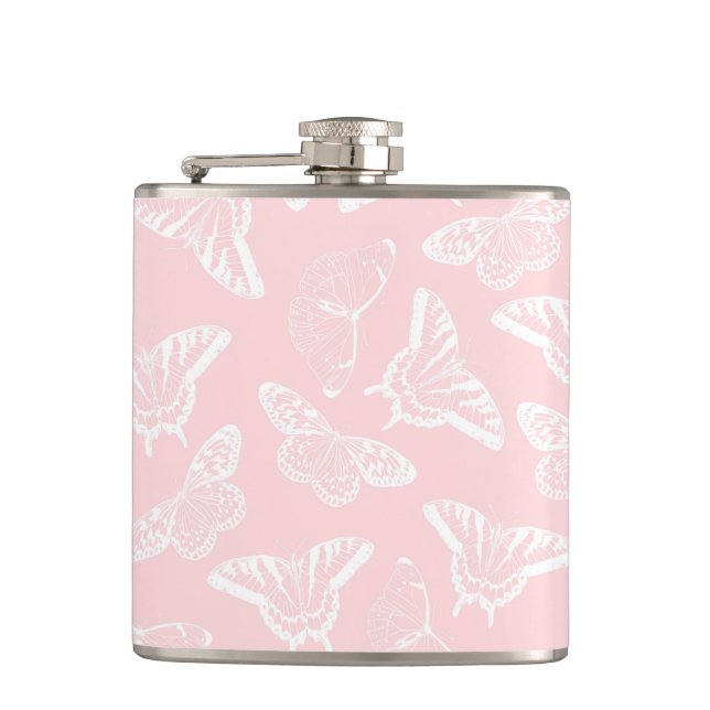Petaca Elegantes mariposas blancas de diseño rosa (Anverso)
