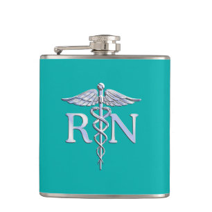 Petaca Enfermera inscrita RN Caduceus en decoración turqu