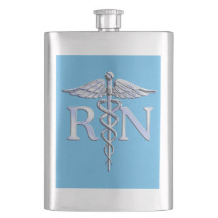 Petaca Enfermera inscrita RN Silver Caduceus en Baby Blue