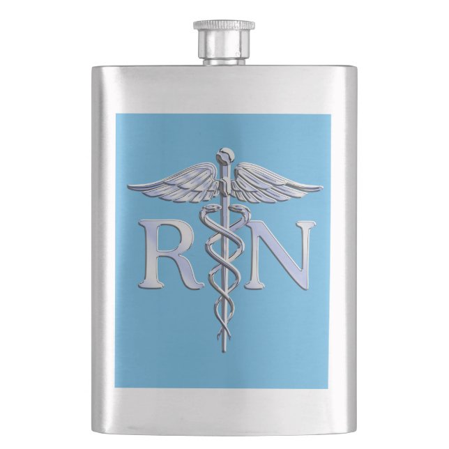 Petaca Enfermera inscrita RN Silver Caduceus en Baby Blue (Anverso)