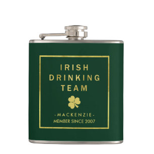 Petaca Equipo irlandés de bebidas Verde y Oro con Shamro