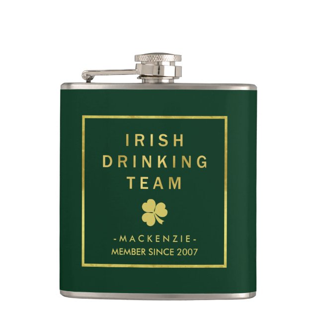 Petaca Equipo irlandés de bebidas Verde y Oro con Shamroc (Anverso)