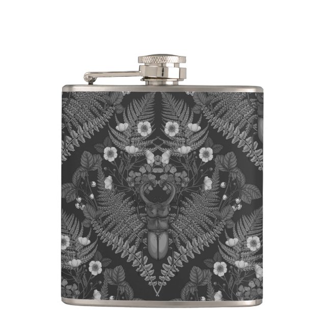 Petaca Escarabajos y helechos de estribor, en blanco y ne (Anverso)