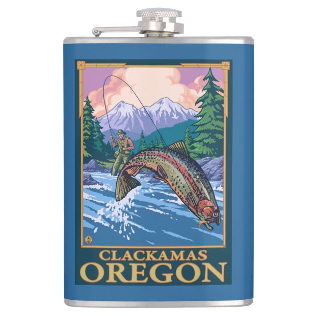 Petaca Escena de la pesca con mosca - Clackamas, Oregon (Anverso)