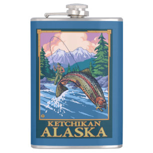 Petaca Escena de la pesca con mosca - Ketchikan, Alaska