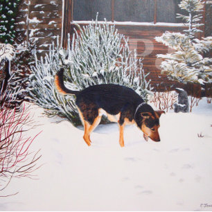 Petaca Escena de nieve de invierno con perro negro lindo 
