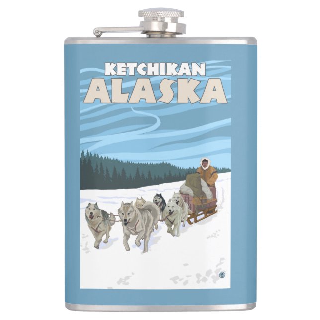Petaca Escena Sledding del perro - Ketchikan, Alaska (Anverso)