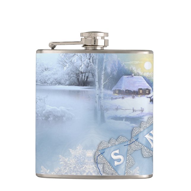 PETACA ESCENAS DE INVIERNO DE COLOR AZUL Y BLANCO (Anverso)