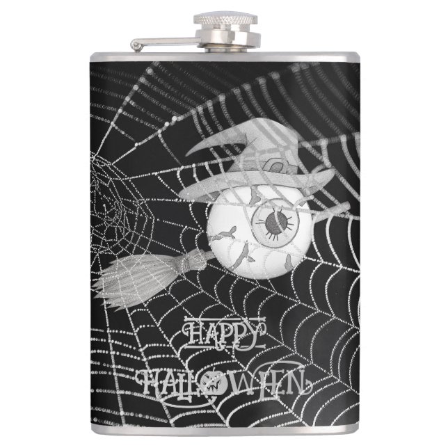 Petaca escoba de brujas de Halloween, ojo temible, telara (Anverso)
