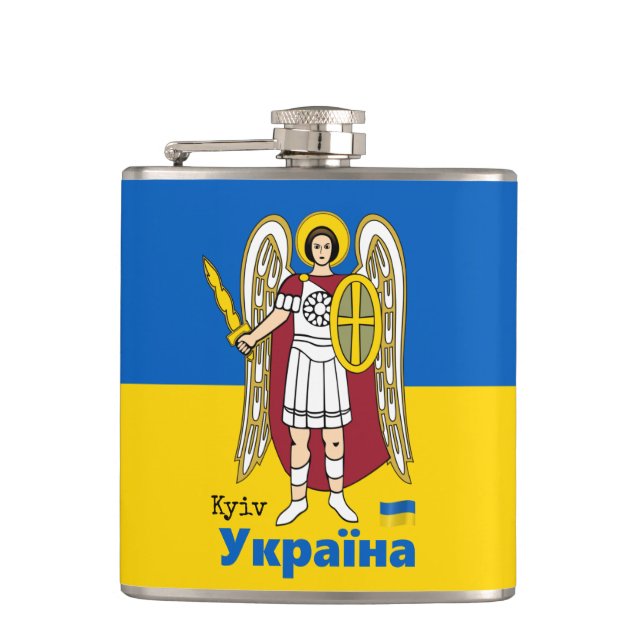 Petaca Escudo de armas de Ucrania y Kiev, bandera ucrania (Anverso)