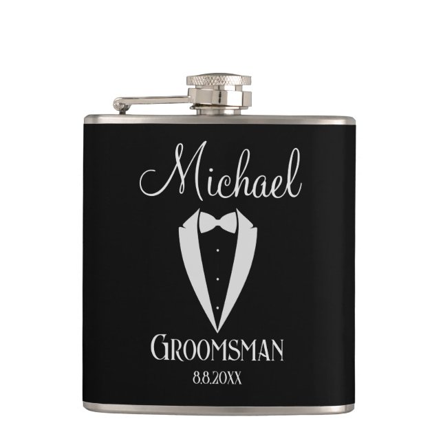 Petaca esmoquin con lazo paje negro y blanco (Anverso)