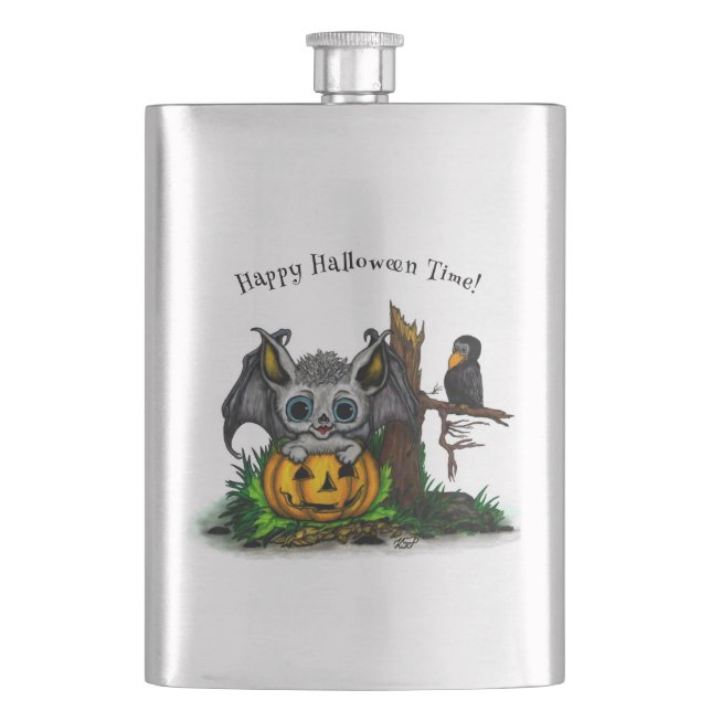 Petaca Esperando Halloween , Cute Bat y Raven (Anverso)