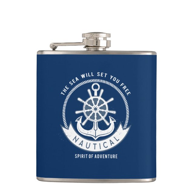 Petaca Espíritu Náutico Ancla, Rueda, Azul Marino (Anverso)