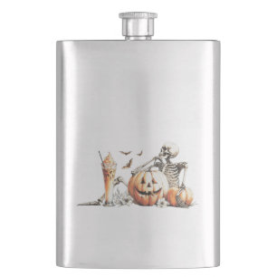 Petaca Esqueleto con calabaza y bebida. Halloween.