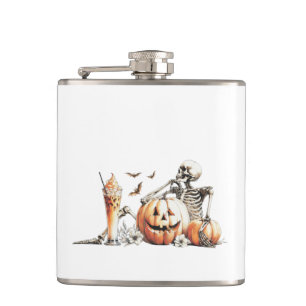 Petaca Esqueleto con calabaza y bebida. Halloween.