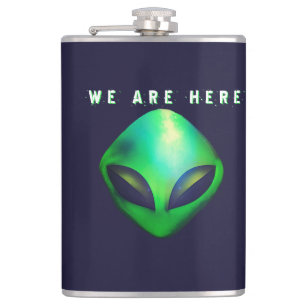 Petaca "Estamos Aquí" cabeza de alienígena verde