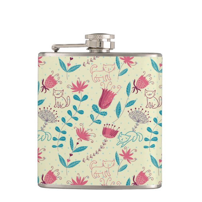 Petaca Estampado de flores con los gatos del dibujo (Anverso)