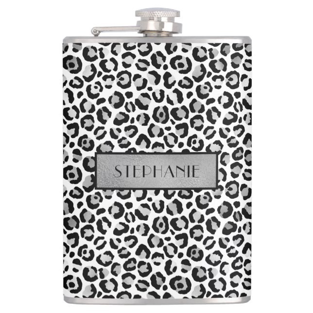 Petaca Estampado de leopardo plateado chic personalizado (Anverso)