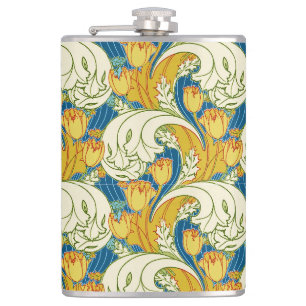 Petaca Estilo William Morris Tulipán Floral Teal y Dorado