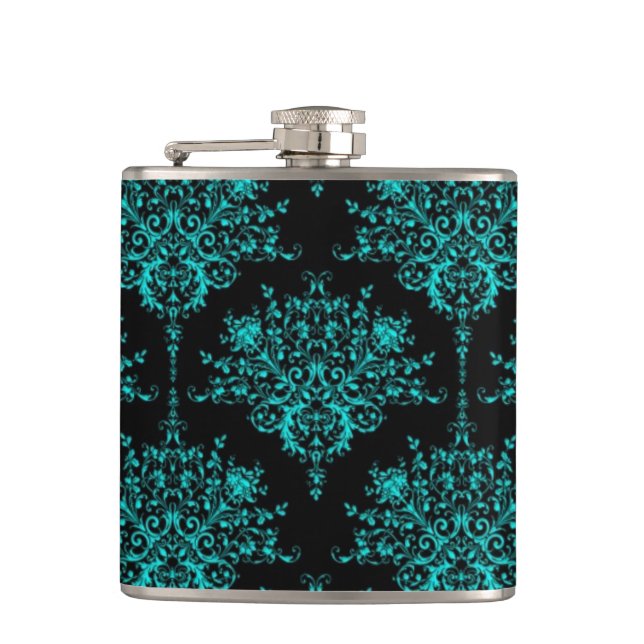 Petaca Fancy Girly Floral Damask estilo negro y Verde azu (Anverso)