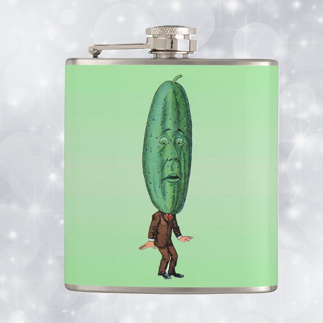 Petaca Fantasy Pickle Man Brown Suite (silly man in brown suit big green pickle head with face on light green drinking flask.)
