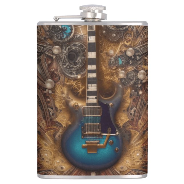 Petaca Fantasy Steampunk Vintage Guitarra Azul acuarela (Anverso)
