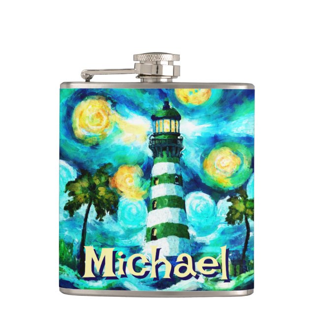 Petaca Faro tropical Personalizado Náutico Costero (Anverso)