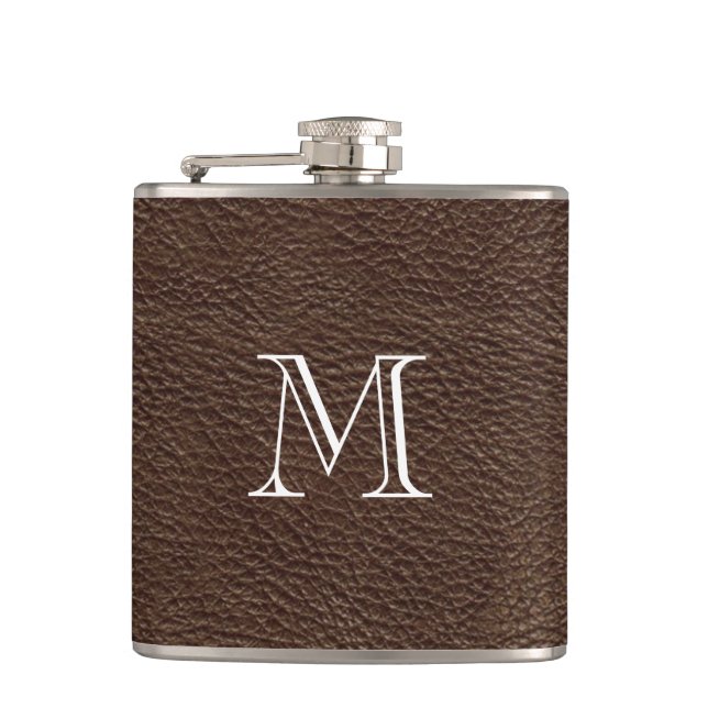 Petaca Faux Brown Leather Monogram Stainless Steless Flas (Anverso)