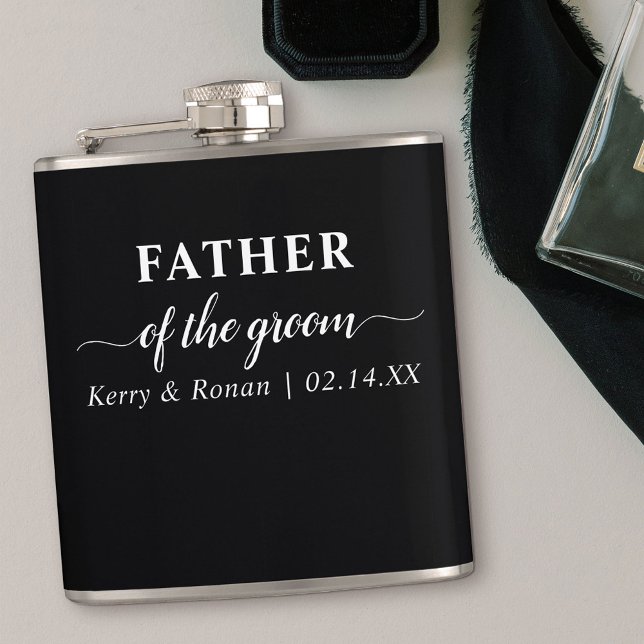 Petaca Fecha boda y nombra al padre negro del novio (Personalized gift for Father of the Groom)