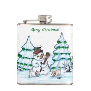 Petaca ¡Feliz Navidad! Hombre de nieve con gato y cachorr