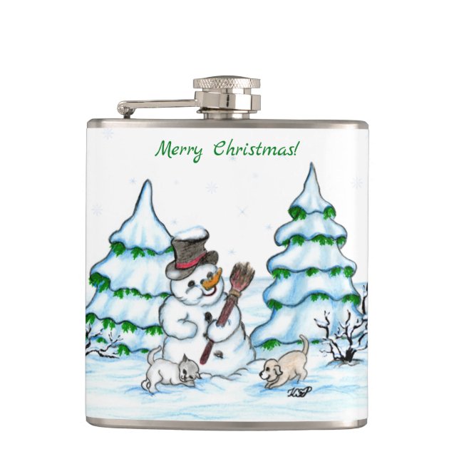 Petaca ¡Feliz Navidad! Hombre de nieve con gato y cachorr (Anverso)