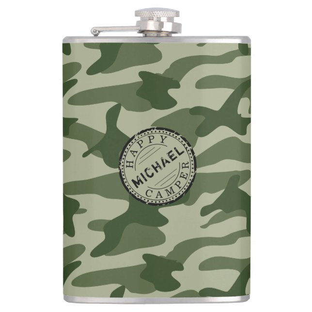 Petaca Feliz viaje de Camper Olive Green Camo Name Campin (Anverso)