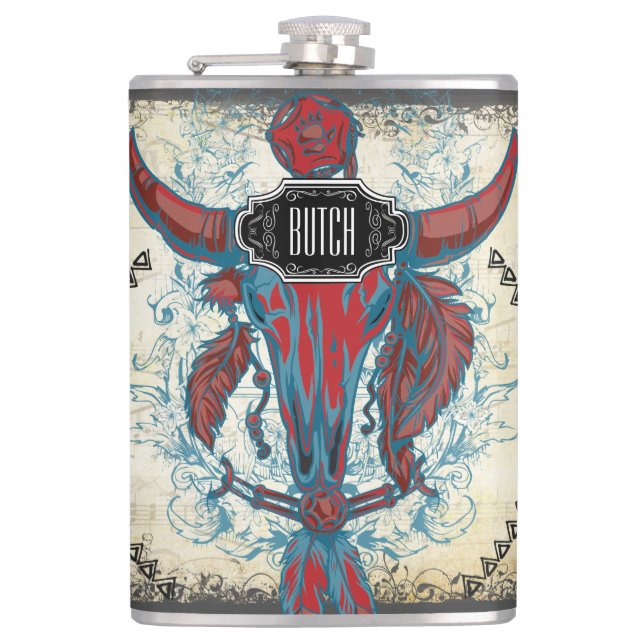 Petaca Fethers Black Red Blue Cow Floral Tribal (Anverso)