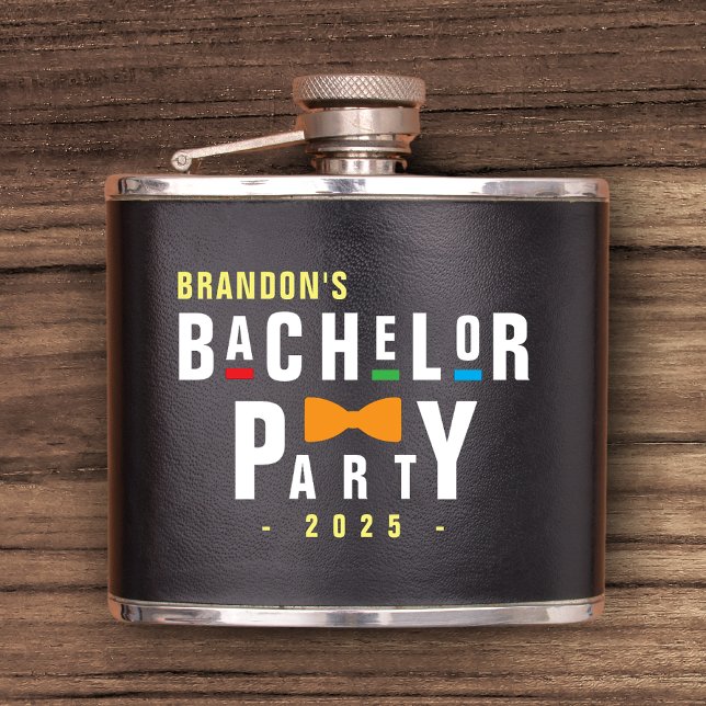 Petaca Fiesta de Bachelor de Bowtie retro 90 negra (Retro 90s Colorful Bowtie Bachelor Party Black Flask
)