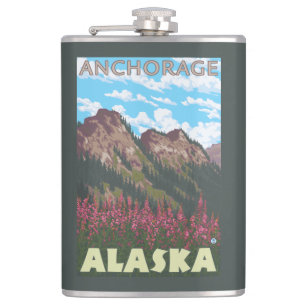 Petaca Fireweed y montañas - Anchorage, Alaska