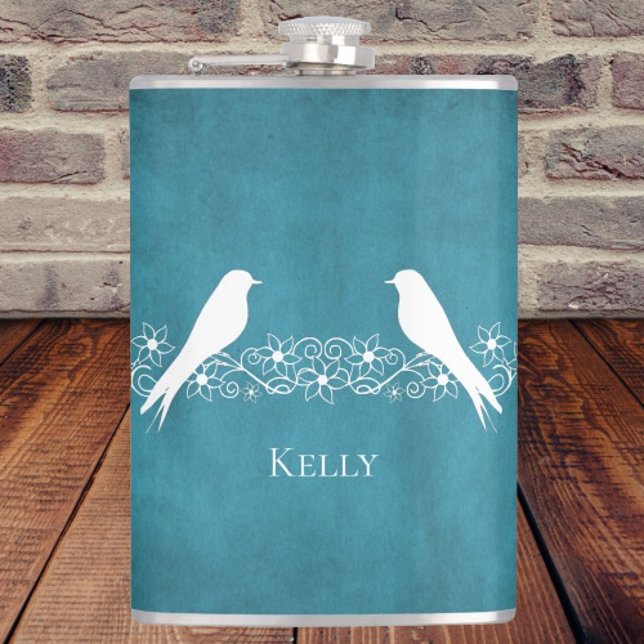Petaca Flaca personalizada de Blue Lovebirds Vino Floral (Blue Lovebirds Floral Vine Personalized Flask)