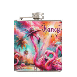 Petaca Flamencos rosados tropicales palmeras personalizad