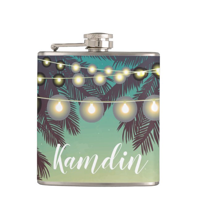 Petaca Flask Beach personalizado Sunset Palm Tree String  (Anverso)