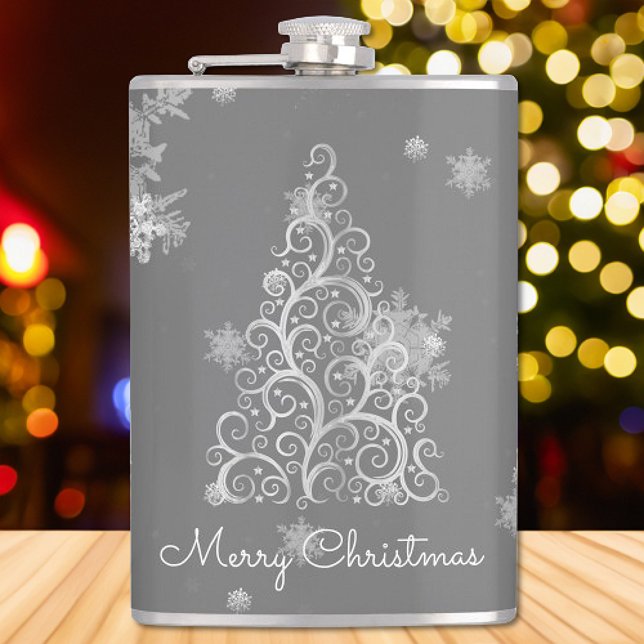 Petaca Flask de nieve y árbol de Navidad plateado (Silver Christmas Tree and Snowflakes Flask)