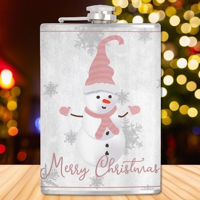 Petaca Flask de vacaciones de nieve rosada (Pink Cute Snowman Holiday Flask)