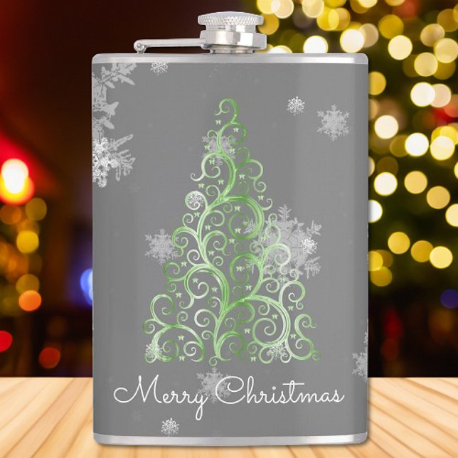 Petaca Flask de verde de árbol de Navidad y copos de niev (Green Christmas Tree and Snowflakes Flask)