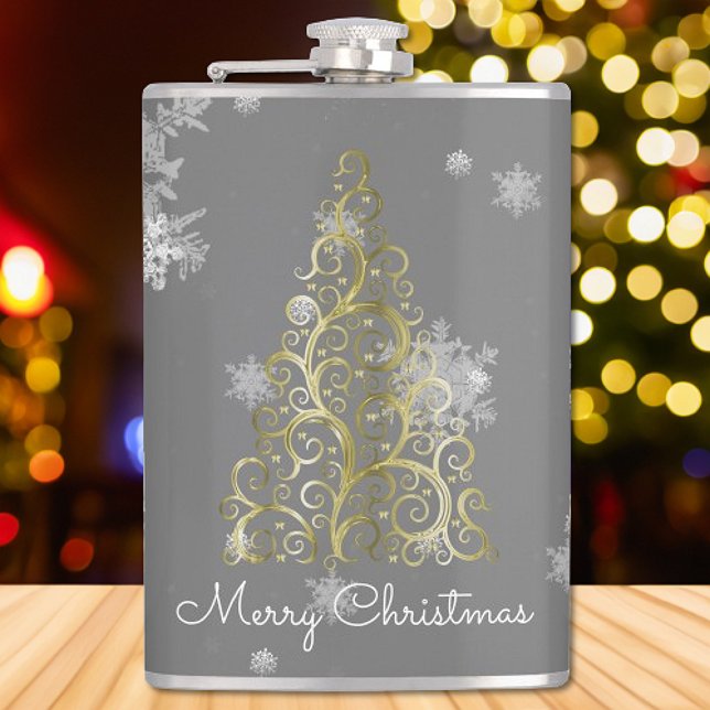 Petaca Flask Gold Christmas Tree y Snowflakes (Gold Christmas Tree and Snowflakes Flask)