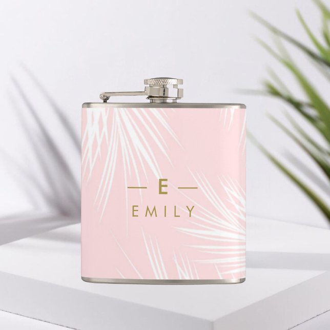 Petaca Flasque Tropical Pink, Cadeau Demoiselle d'honneur (Flasque personnalisée demoiselle d'honneur, motif feuilles tropicales et prénom)